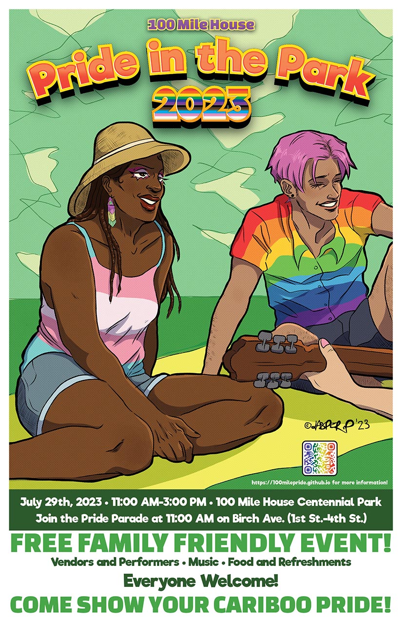 Image of the print poster for Pride in the Park 2023 featuring a comic book style illustration of queer community 
								members smiling and sitting on the grass. The illustration is above date and time information for the event.