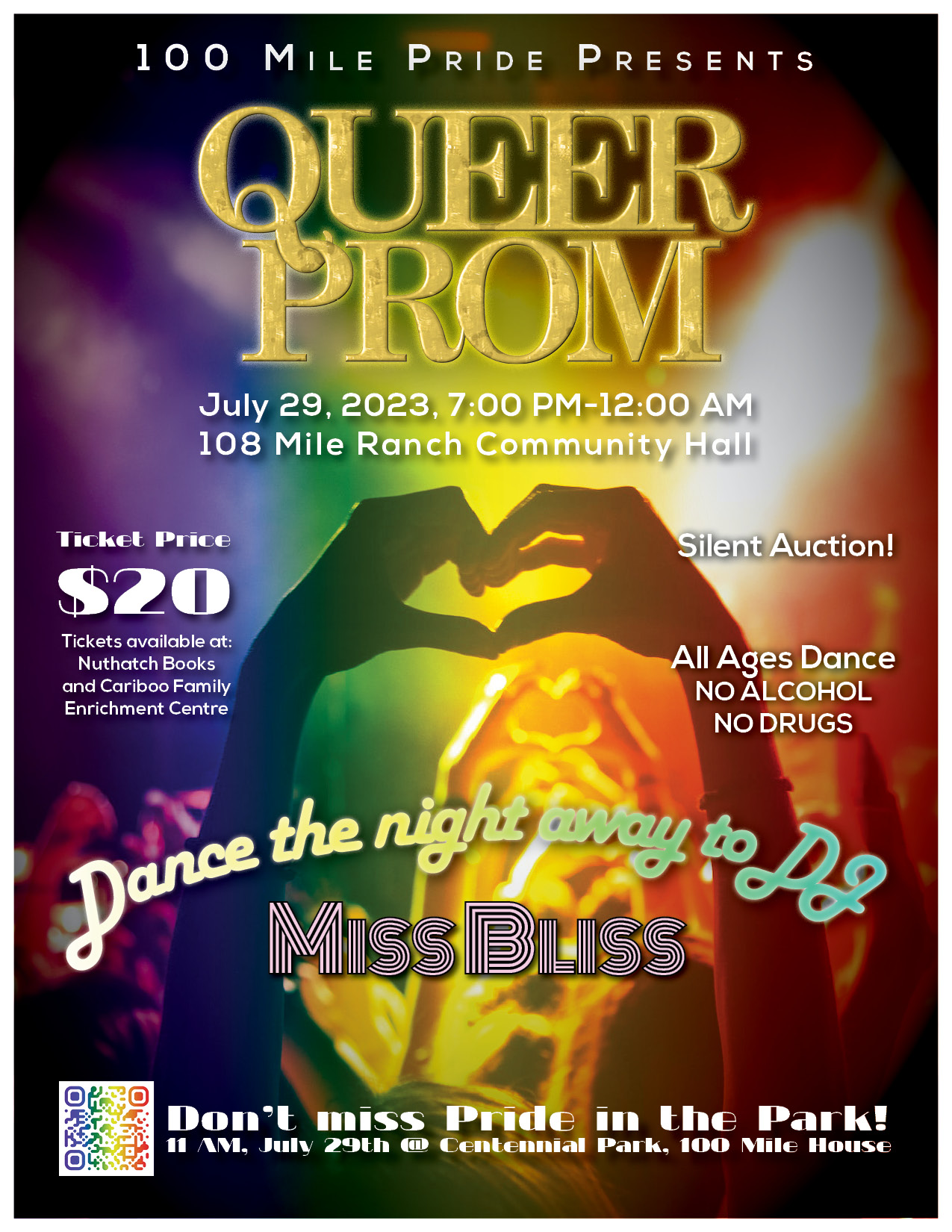 Image of queer prom poster showing hands making heart symbols. The poster also has text of event information which is also on this page.